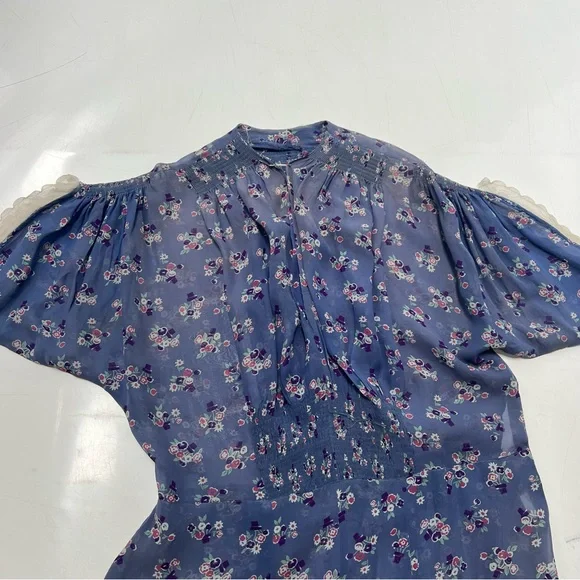 Vintage 70s women’s blue floral silk dress S/M L113-29 - Picture 2 of 5